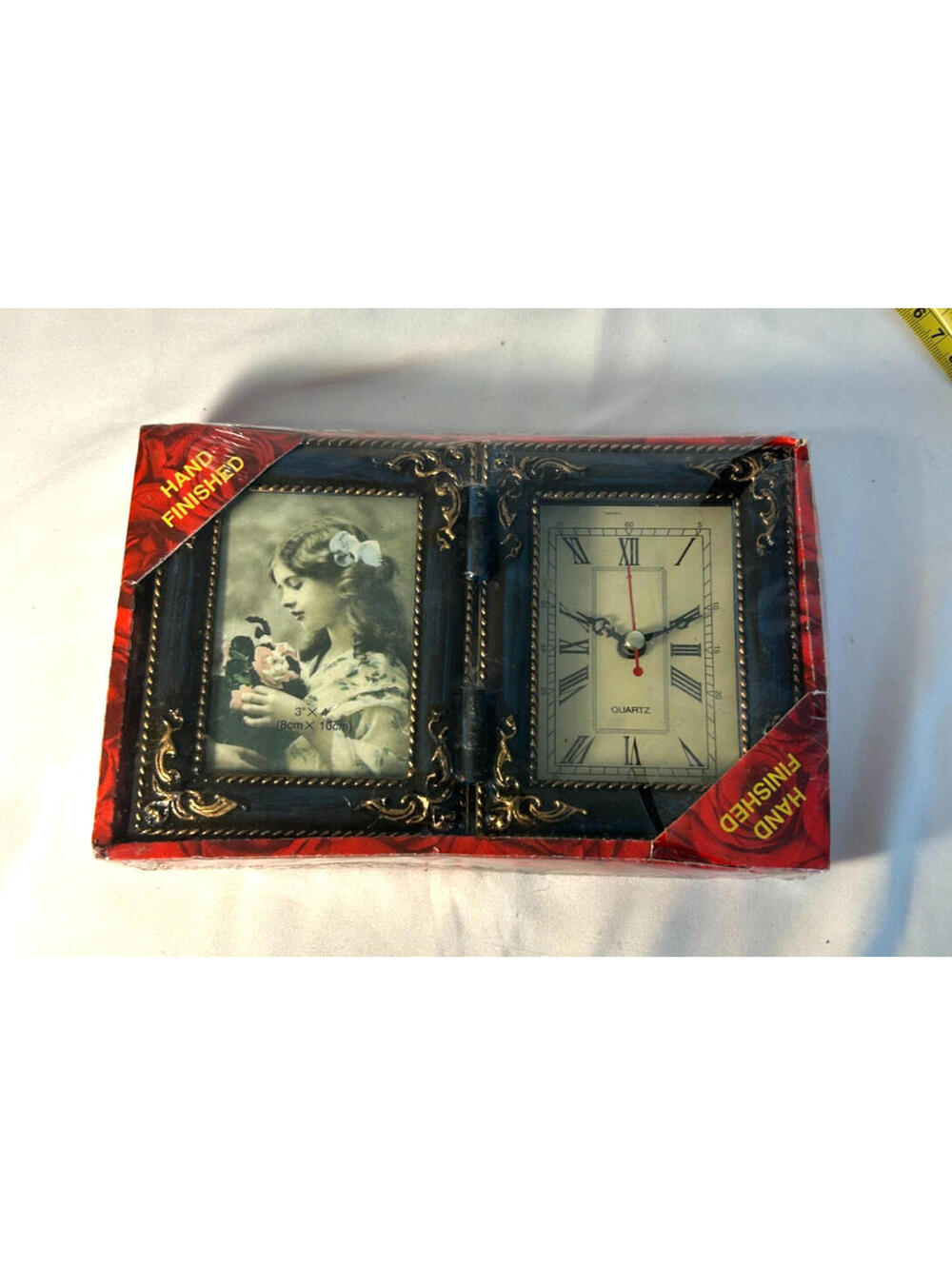 Antique Style Clock With Folded Photo Frame Frames 3”x4” Hand Finished Ornate